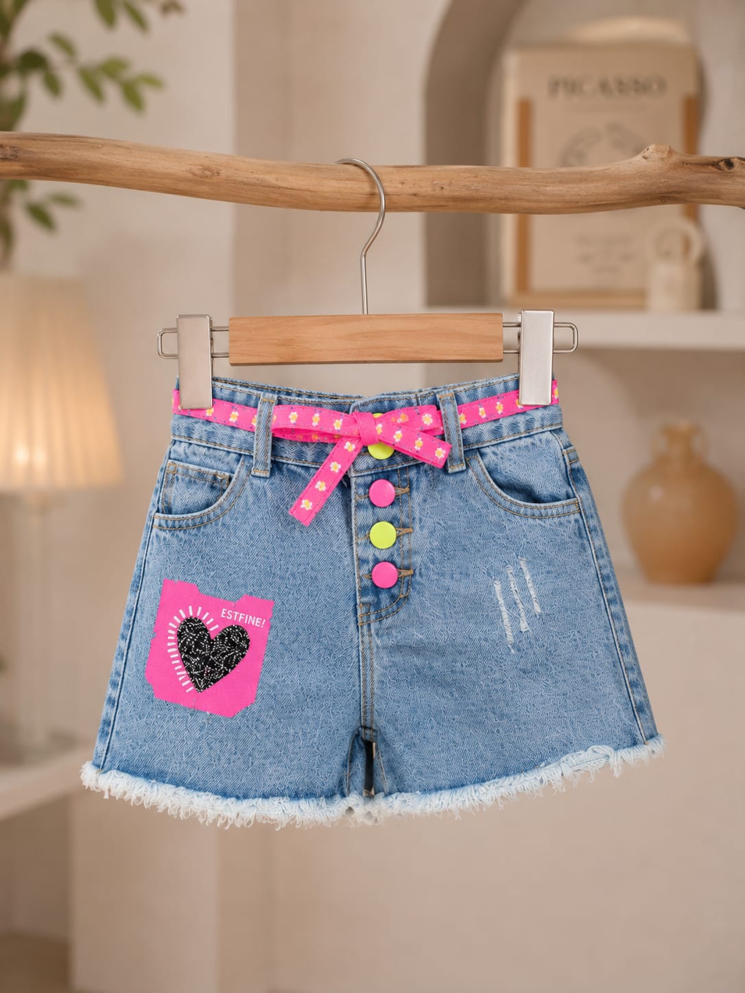 Girls Cute Heart Patch Denim Shorts with Belt |6 Months - 5 Years