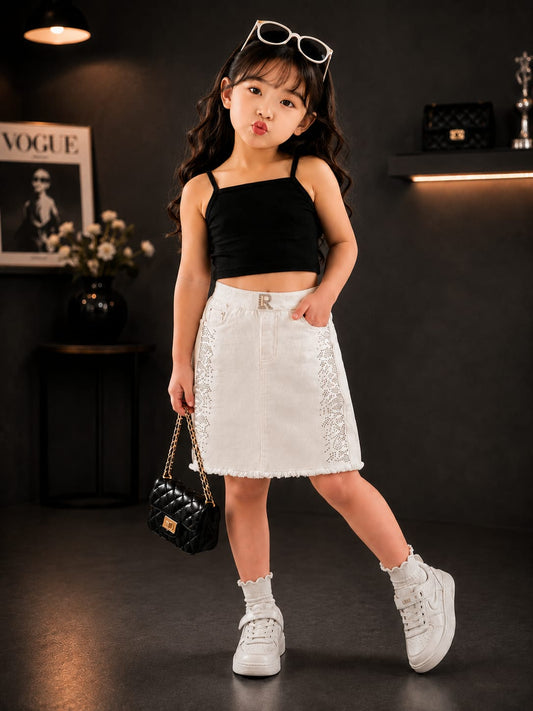 Girls Premium White Rhinestone Denim Skirt | Stylish A-Line Casual Skirt | 4-12 Years
