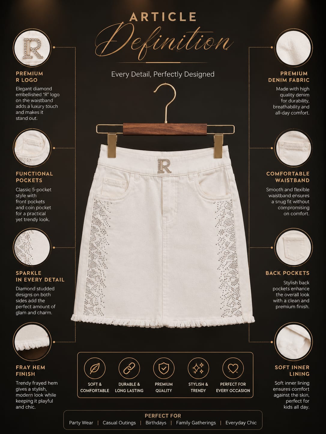 Girls Premium White Rhinestone Denim Skirt | Stylish A-Line Casual Skirt | 4-12 Years
