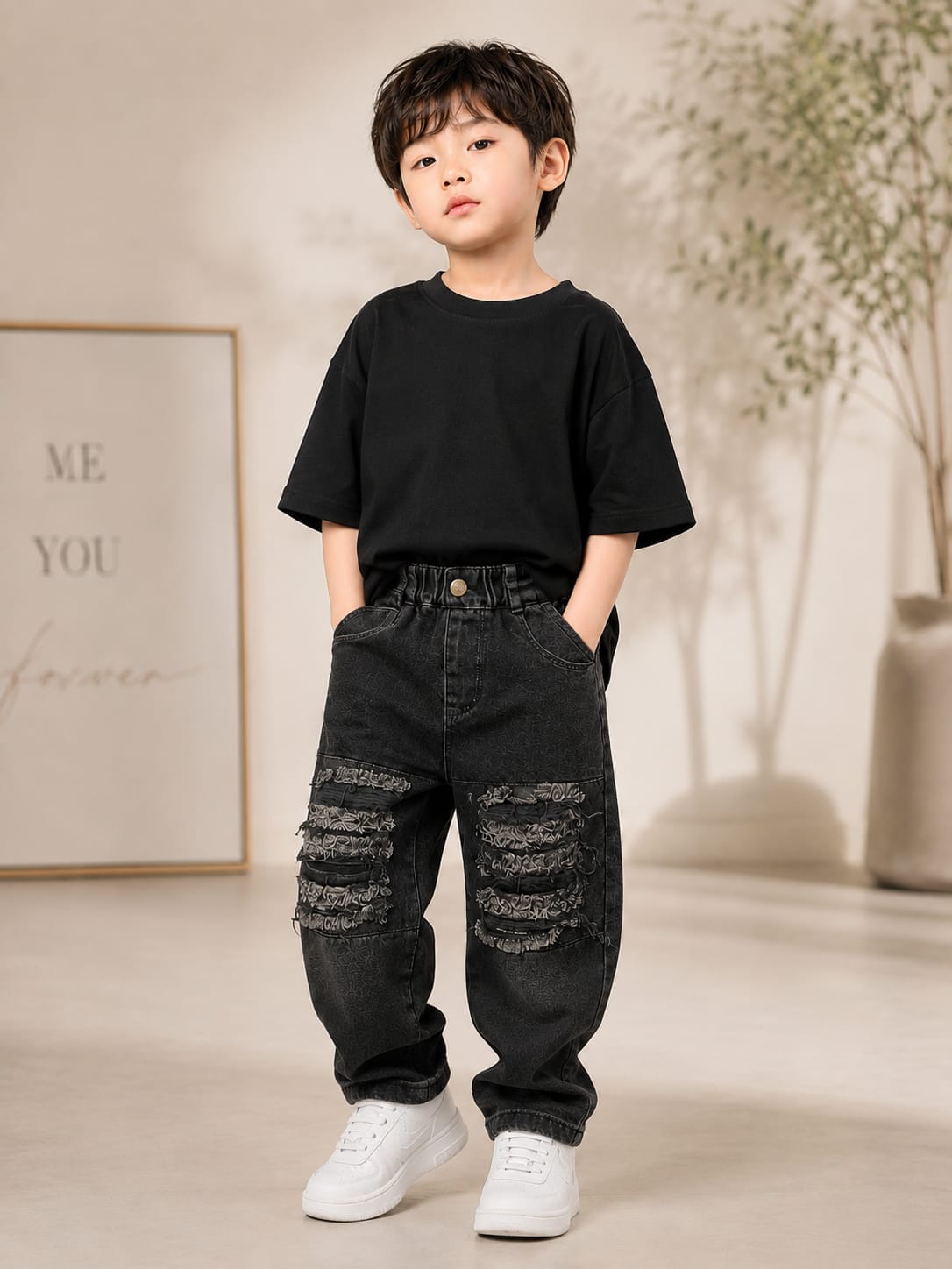 Boys Black Distressed Baggy Denim Jeans | Trendy Streetwear Jogger Fit Jeans | 1-6 Years