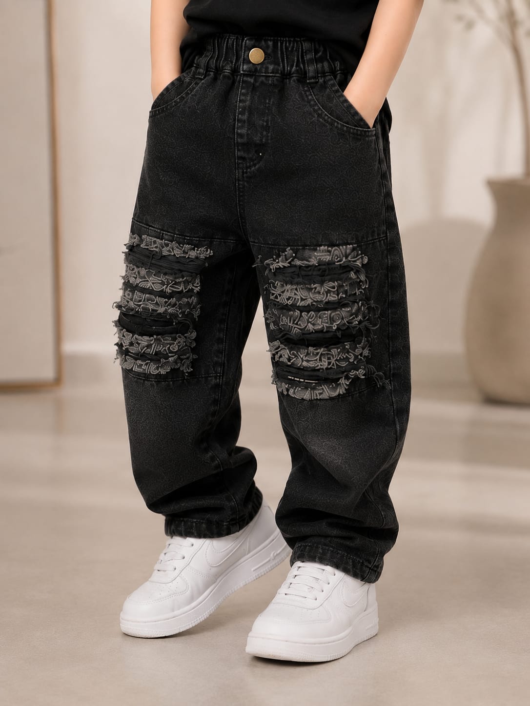 Boys Black Distressed Baggy Denim Jeans | Trendy Streetwear Jogger Fit Jeans | 1-6 Years