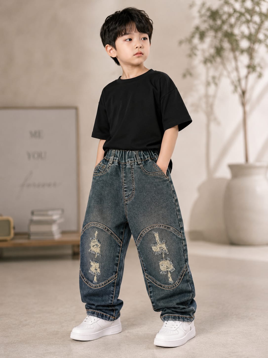Boys Distressed Patch Denim Jeans | Trendy Casual Straight Fit Jeans | 1-6 Years