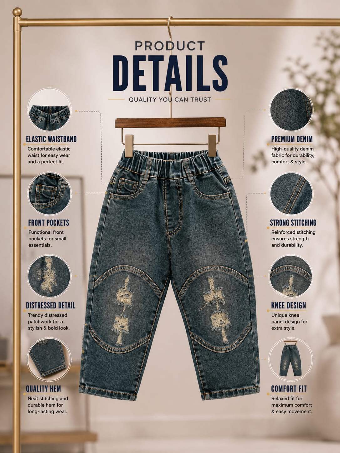 Boys Distressed Patch Denim Jeans | Trendy Casual Straight Fit Jeans | 1-6 Years