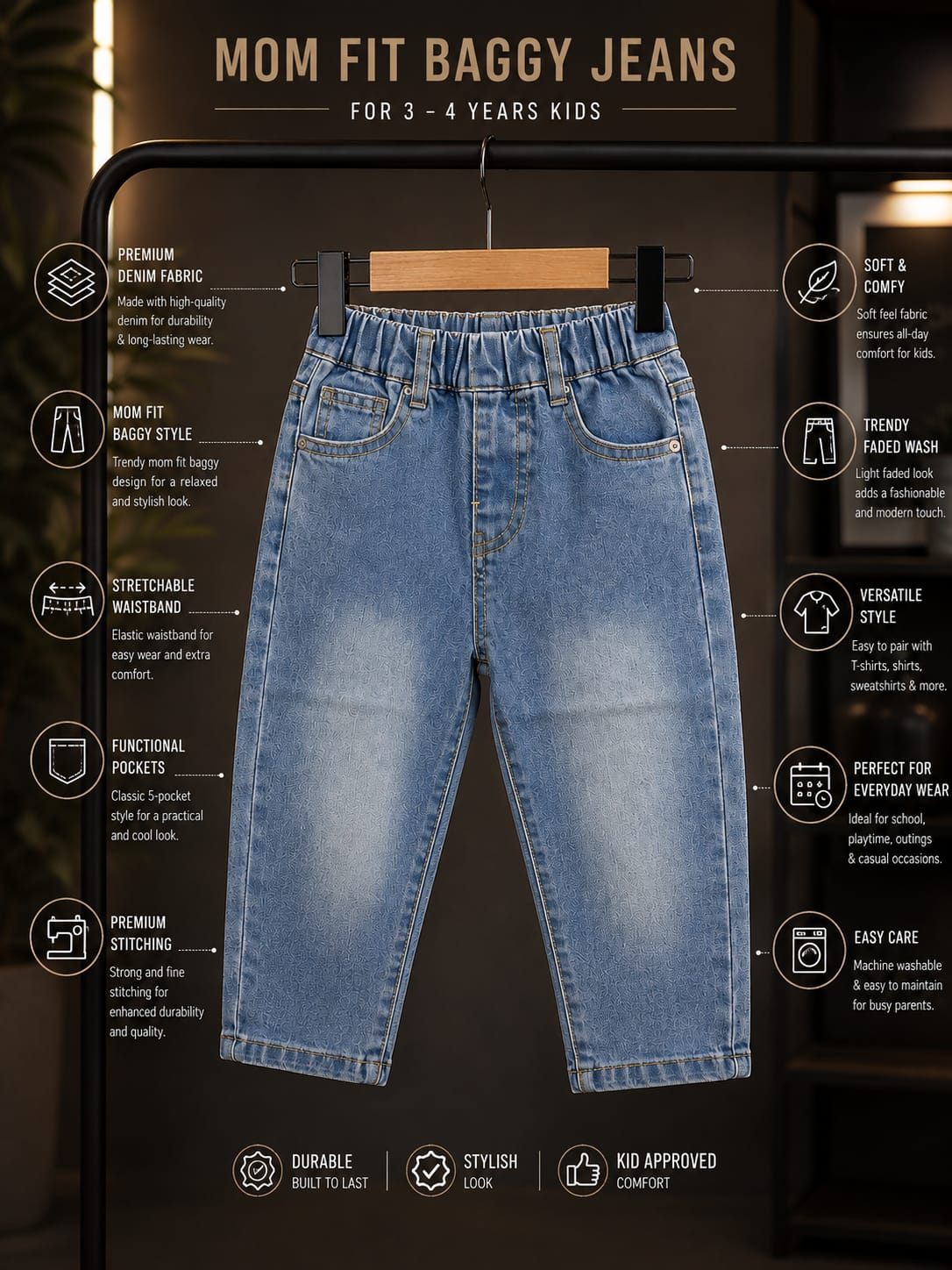 Kids Classic Light Blue Denim Jeans | Elastic Waist Regular Fit Jeans | 1-6 Years
