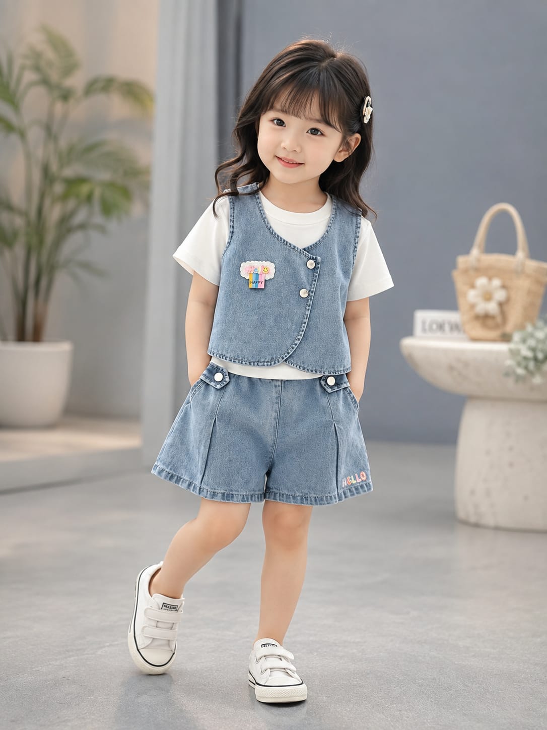 Girls Denim Co-Ord Set with T-Shirt & Shorts | Cute Summer Outfit Set |