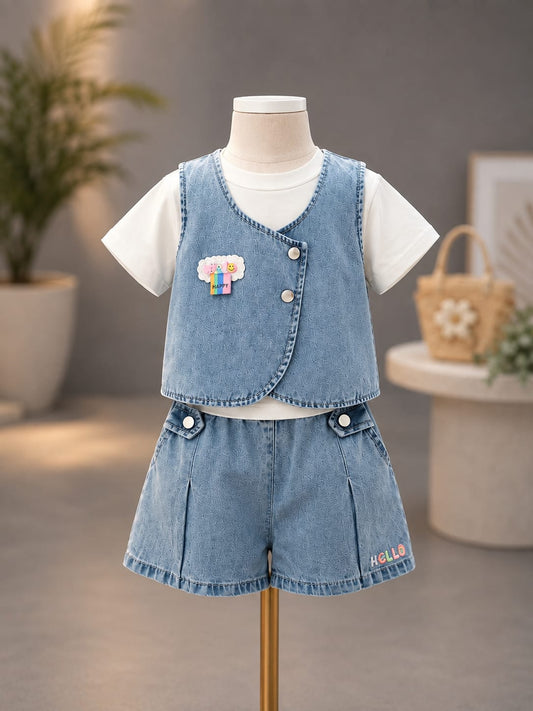 Girls Denim Co-Ord Set with T-Shirt & Shorts | Cute Summer Outfit Set |