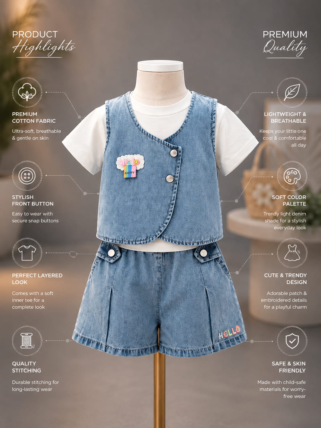 Girls Denim Co-Ord Set with T-Shirt & Shorts | Cute Summer Outfit Set |