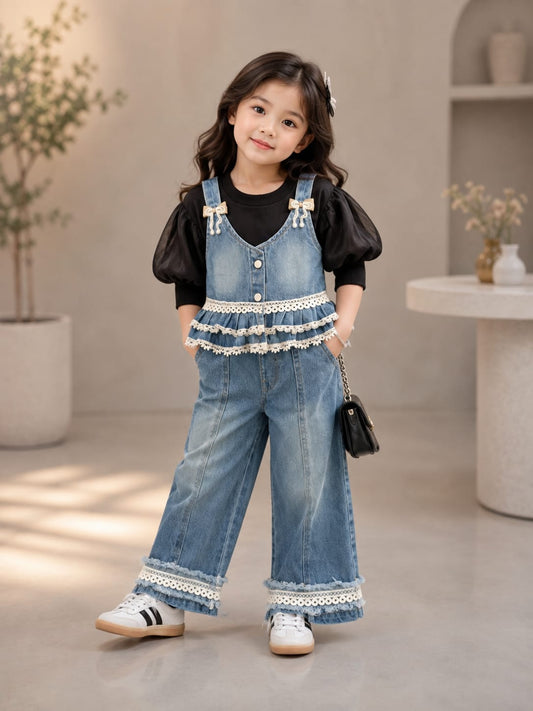 Girls Denim Lace Ruffle Co-Ord Set | Stylish Denim Top & Wide Leg Pants Set | 1-6 Years