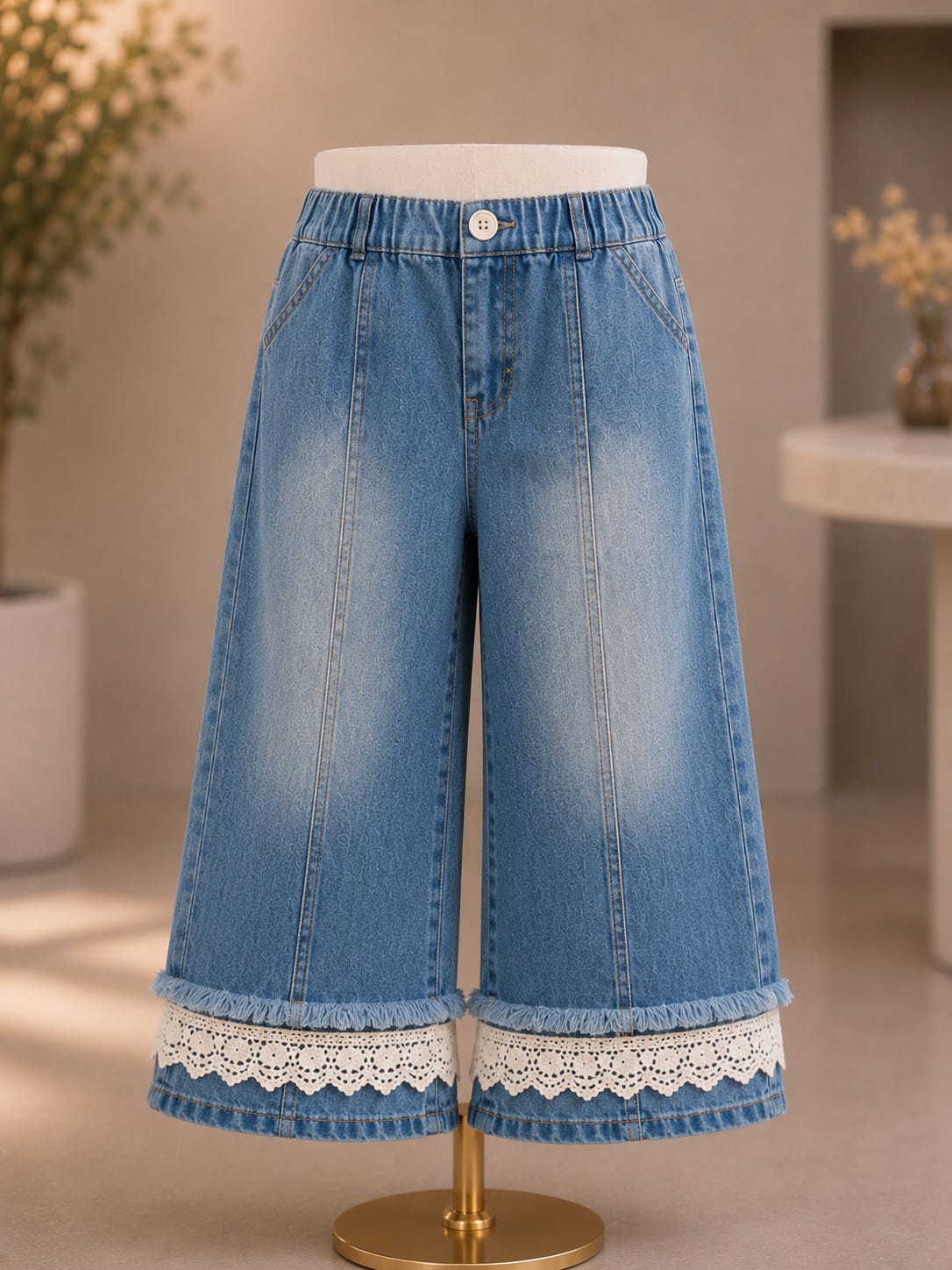Girls Denim Lace Ruffle Co-Ord Set | Stylish Denim Top & Wide Leg Pants Set | 1-6 Years
