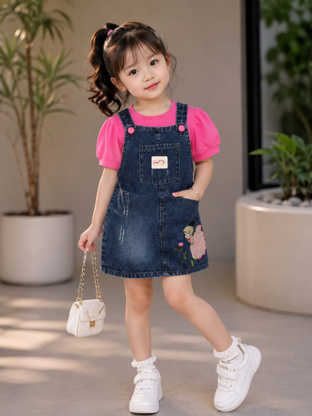 Girls Denim Pinafore Dress with Pink Sleeve T-Shirt Set | Cute Casual Outfit | 1-6 Years