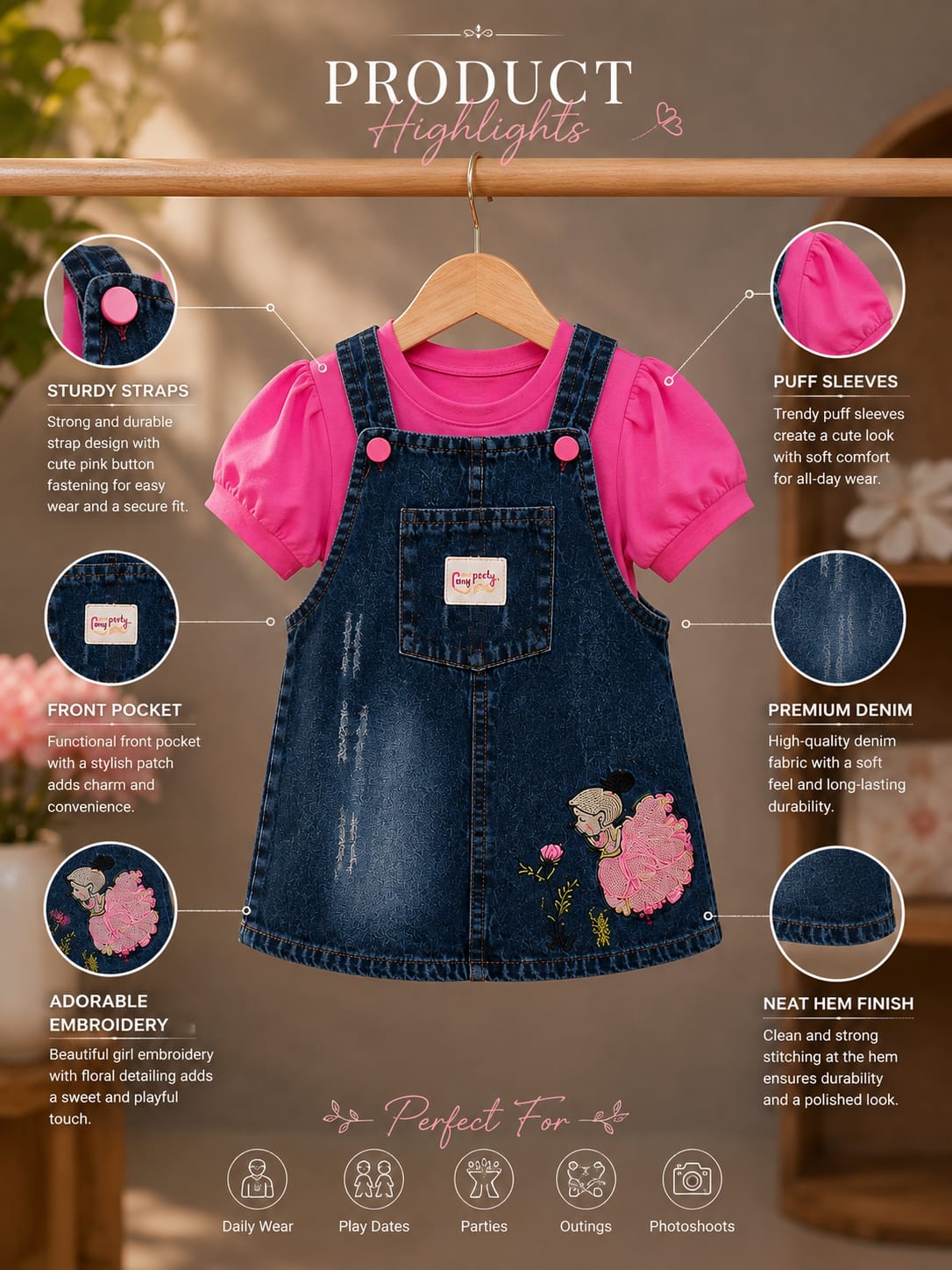 Girls Denim Pinafore Dress with Pink Sleeve T-Shirt Set | Cute Casual Outfit | 1-6 Years