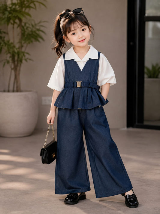 Girls Denim Peplum Top & Wide Leg Pant Co-Ord Set | Stylish Party Wear Outfit | 1-6 Years