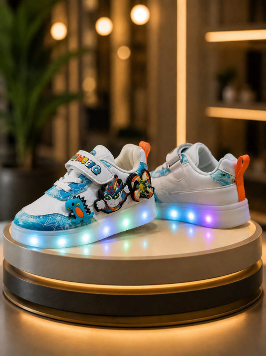Kids LED Light-Up Sneakers – White & Blue Cartoon Design Shoes | EU 22–26