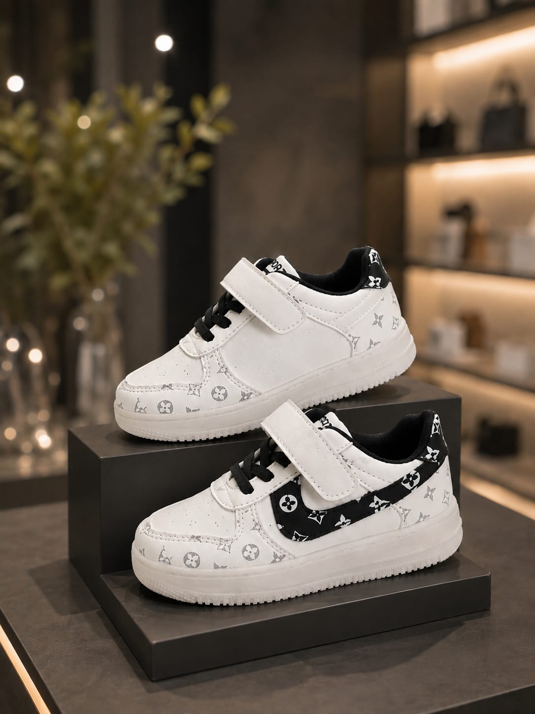 Kids Stylish Casual Sneakers – White & Black Printed Shoes | EU 26–30