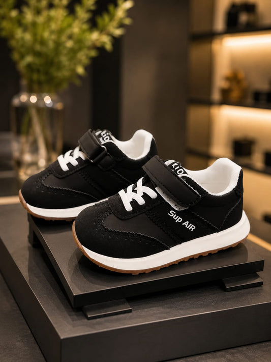 Kids Sports Sneakers – Black & White Casual Shoes with Velcro Strap | EU 26–30
