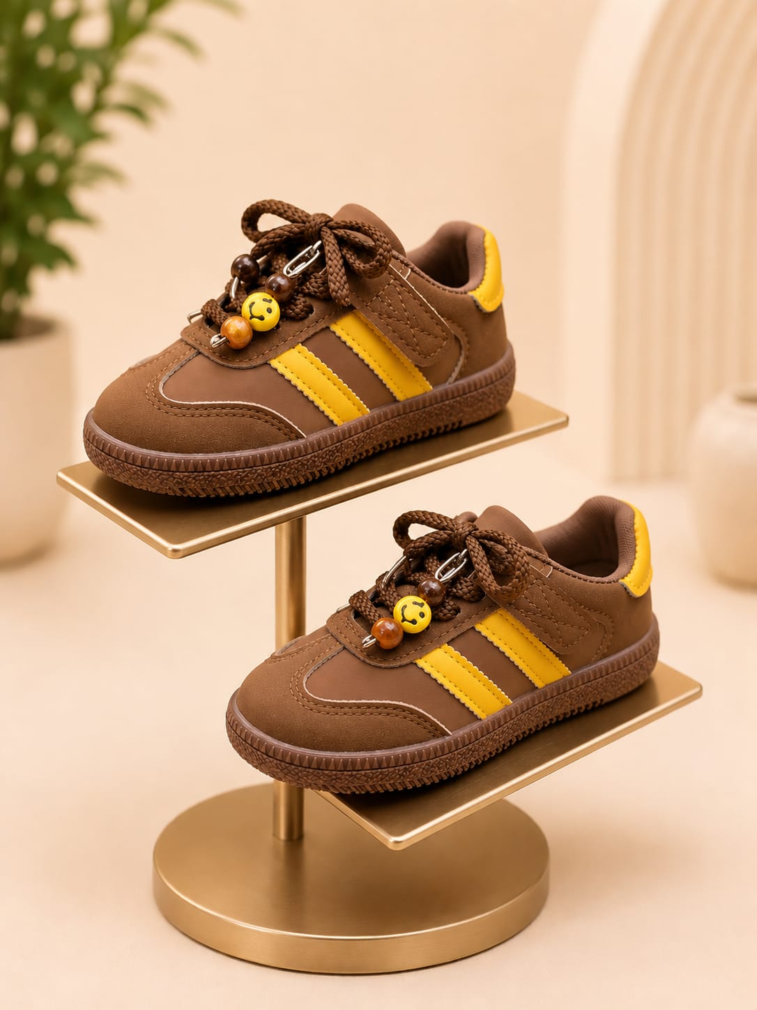 Kids Brown & Yellow Trendy Casual Sneakers – Stylish Lace-Up Shoes | EU 26-30