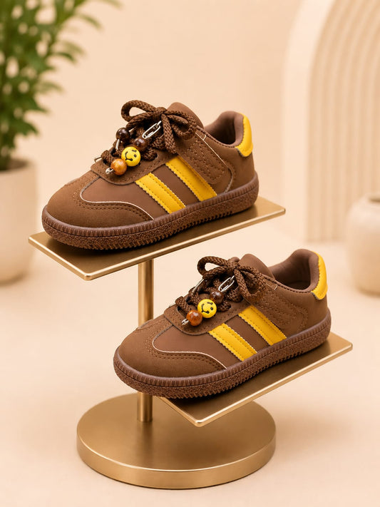 Kids Brown & Yellow Trendy Casual Sneakers – Stylish Lace-Up Shoes | EU 26-30