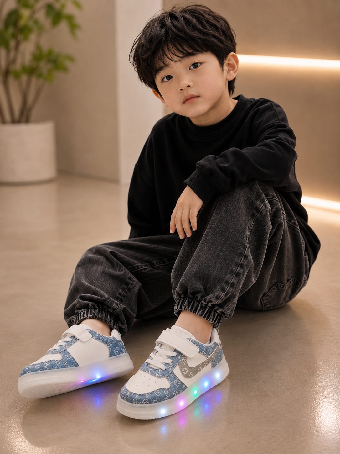 Kids Stylish Blue & White LED Light-Up Sneakers | EU 31–36