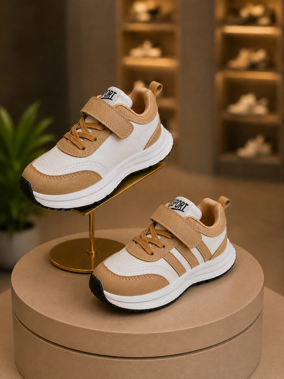 Kids Casual Sports Sneakers – White & Tan Stylish Shoes | EU 27–31