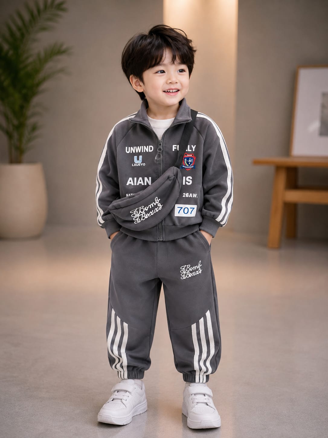 Boys Stylish 3-Piece Track Suit Set with Sling Bag – Grey | Size 18–26