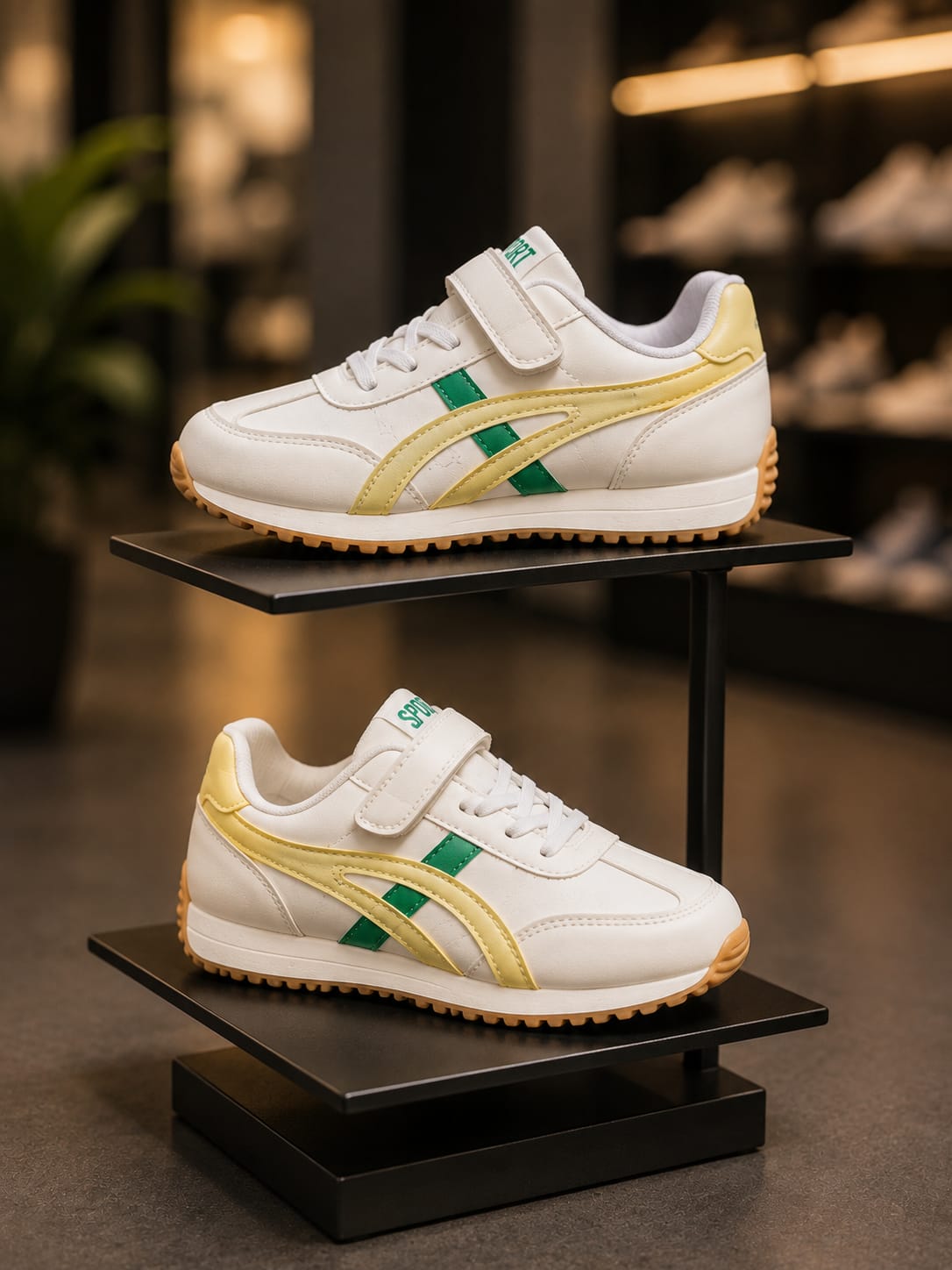 Kids Stylish White, Yellow & Green Sports Sneakers | EU 32–37