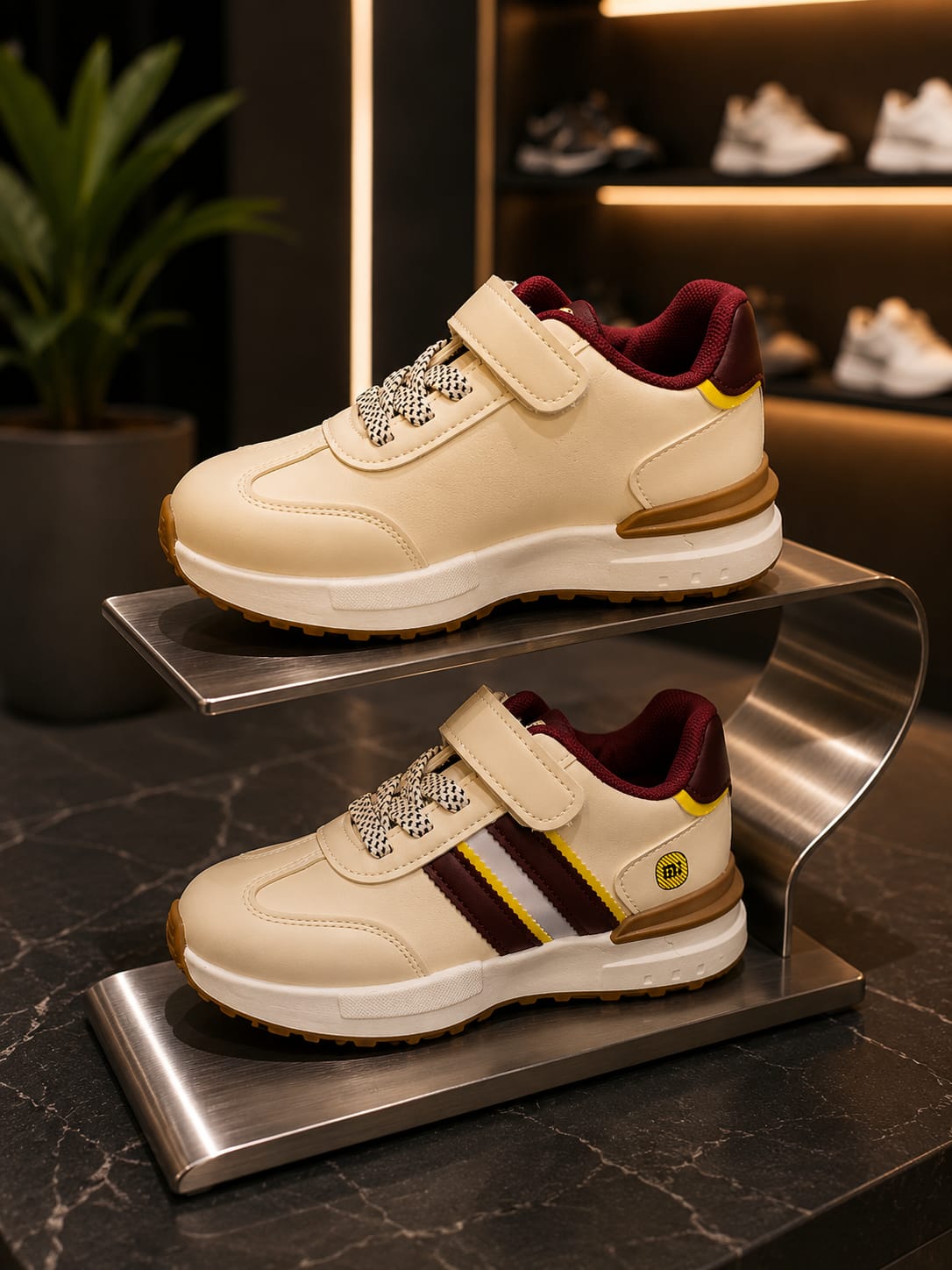 Kids Beige & Maroon Stylish Sneakers | Velcro Casual Shoes | EU 32–37