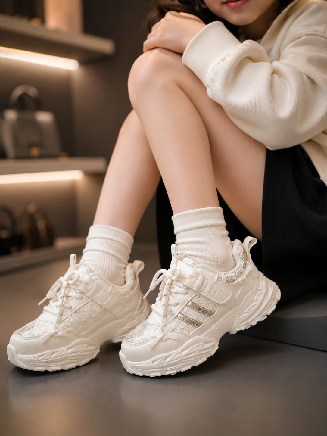 Girls' Premium White Chunky Sneakers | Stylish Casual Shoes | EU 31–36