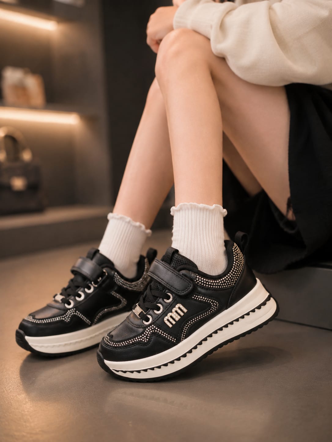 Girls' Stylish Black Studded Sneakers | Trendy Casual Shoes | EU 32–37