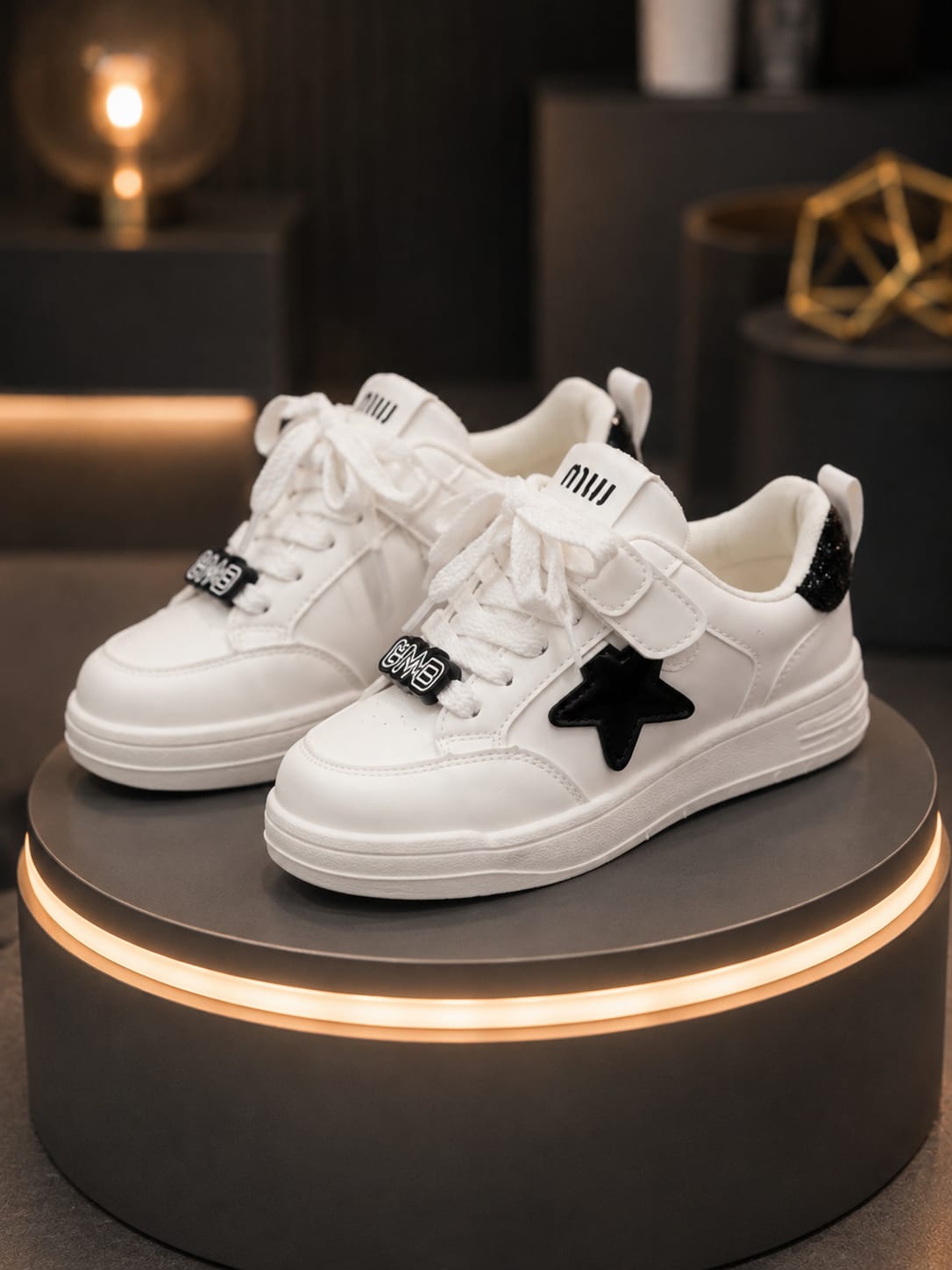 Girls' White & Black Star Sneakers | Trendy Casual Shoes | EU 32–37