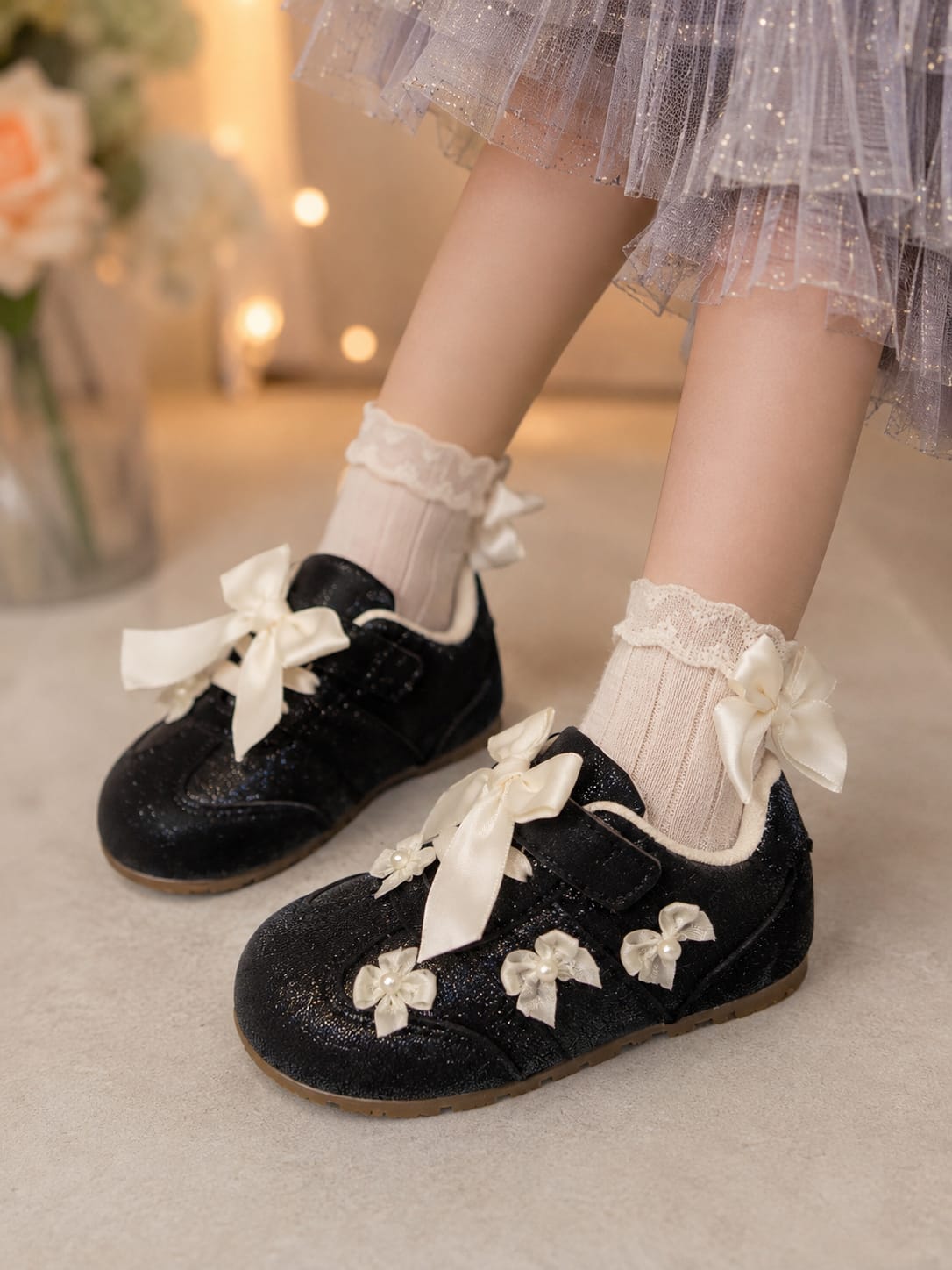 🖤 Girls’ Black Bow & Flower Casual Shoes – EU 22–26