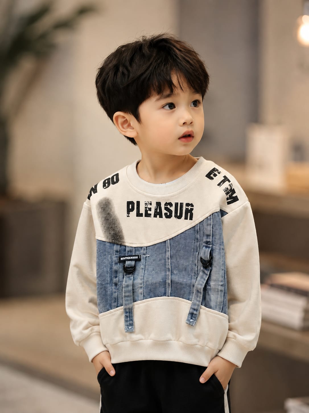 Kids Stylish Denim Patch Sweatshirt – Cream & Blue | Size 18–26