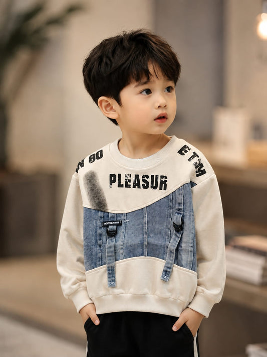 Kids Stylish Denim Patch Sweatshirt – Cream & Blue | Size 18–26