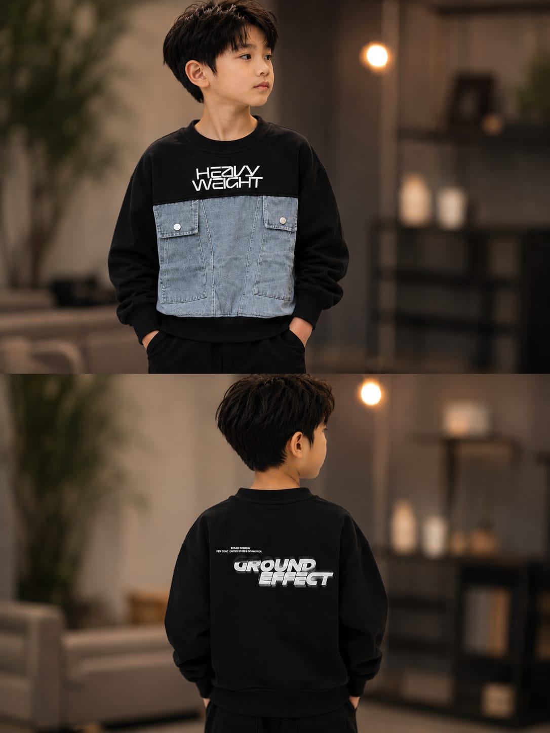 Kids Stylish Black Denim Patch Sweatshirt – Black & Blue | 6–12 Years