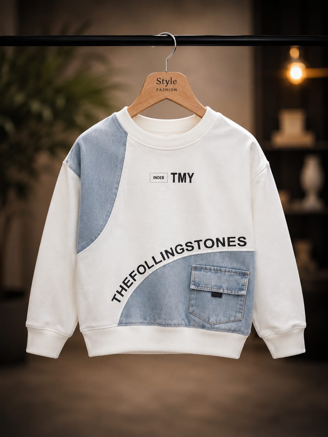 Boys White & Denim Stylish Printed Sweatshirt | 6–12 Years
