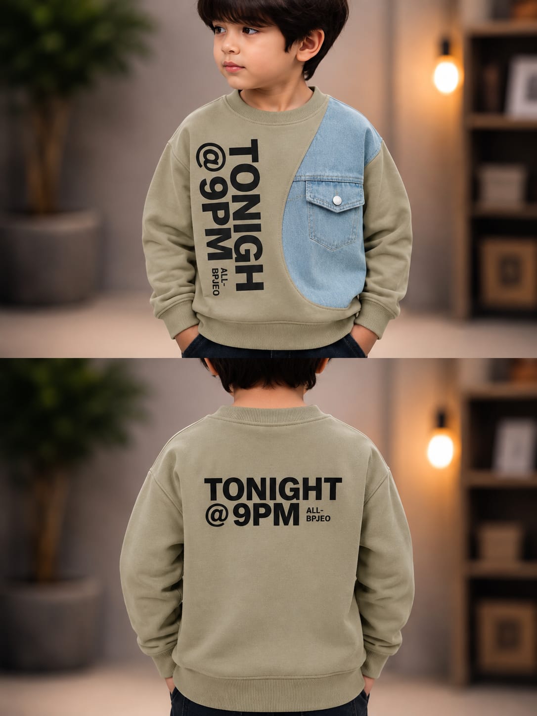Boys Light Khaki & Denim Stylish Printed Sweatshirt | 6–12 Years