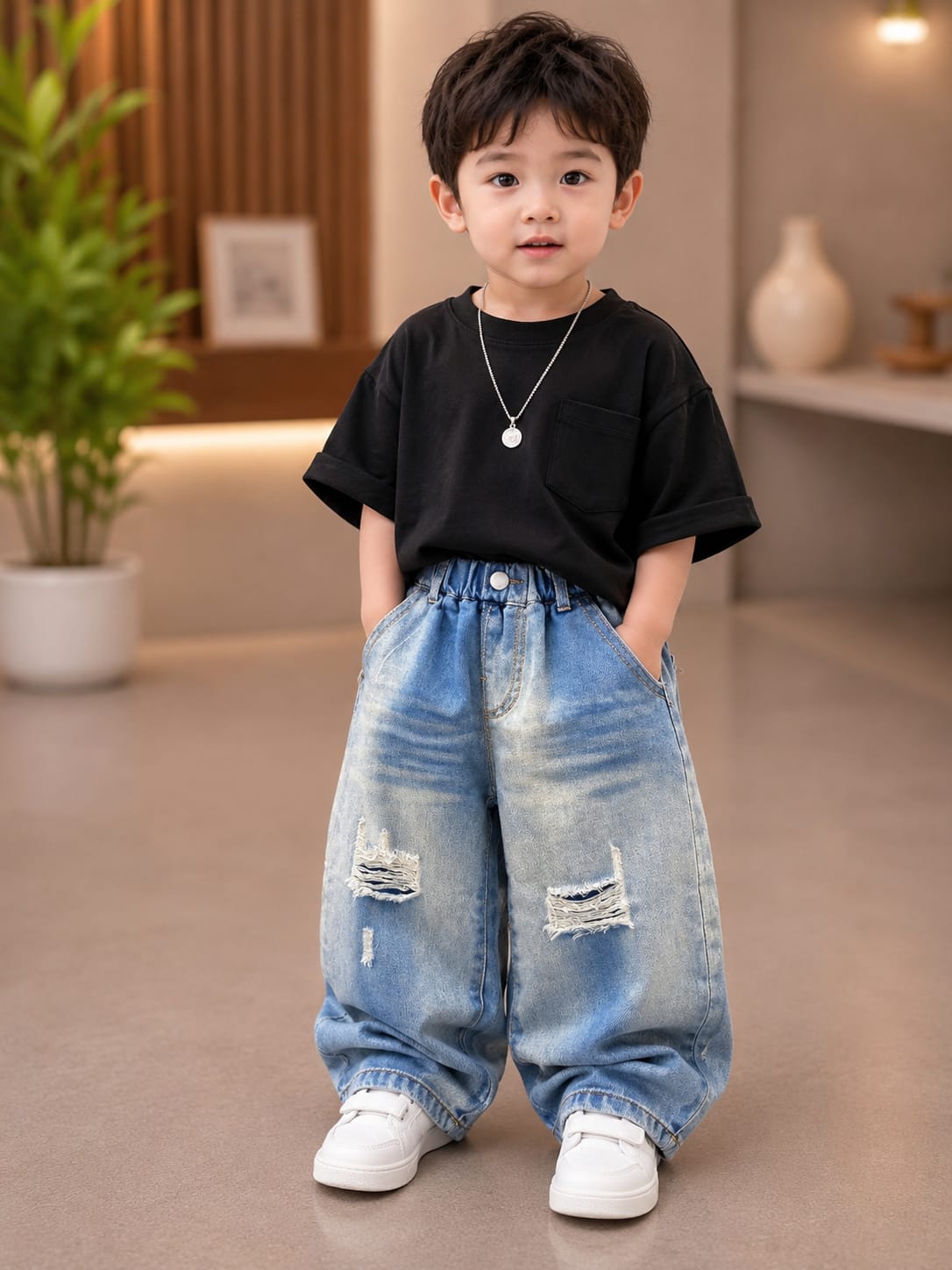 Boys Light Blue Baggy Fit Distressed Jeans with Ripped Detail | 2–7 Years