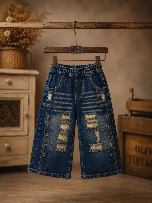 Boys Dark Blue Baggy Fit Distressed Denim Shorts | 2–6 Years