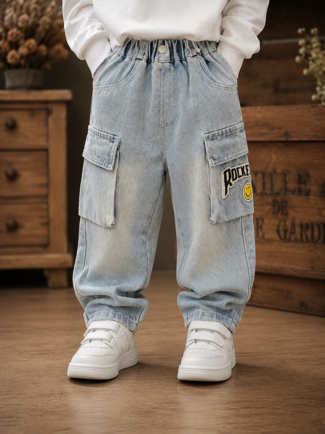 Kids Light Blue Denim Cargo Jeans | Baggy Fit | Sizes 12 Months–3 Years