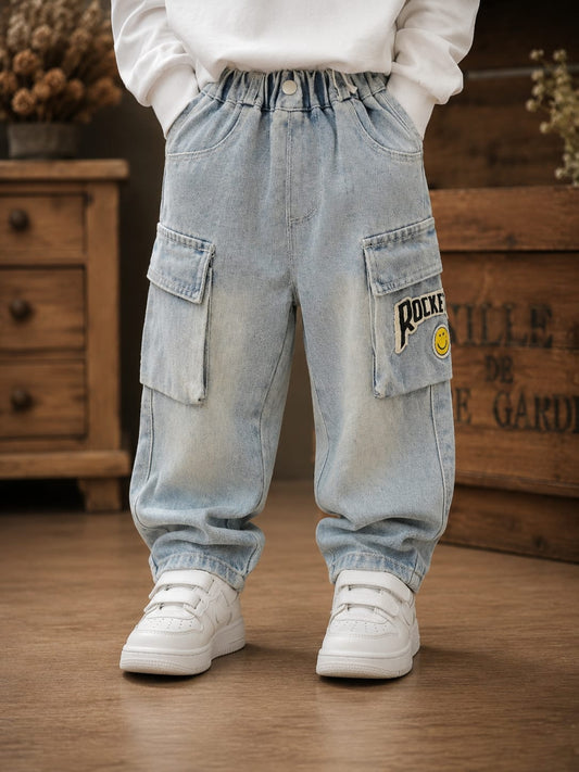 Kids Light Blue Denim Cargo Jeans | Baggy Fit | Sizes 12 Months–3 Years