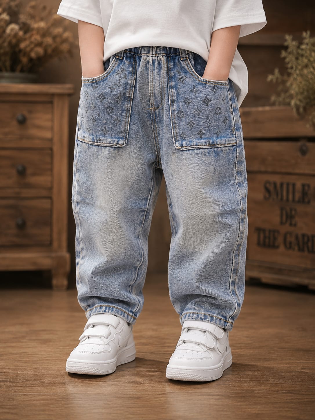 Kids Light Blue Denim Baggy Jeans with Front Utility Pockets & All-Over Print | 12 Months–3 Years