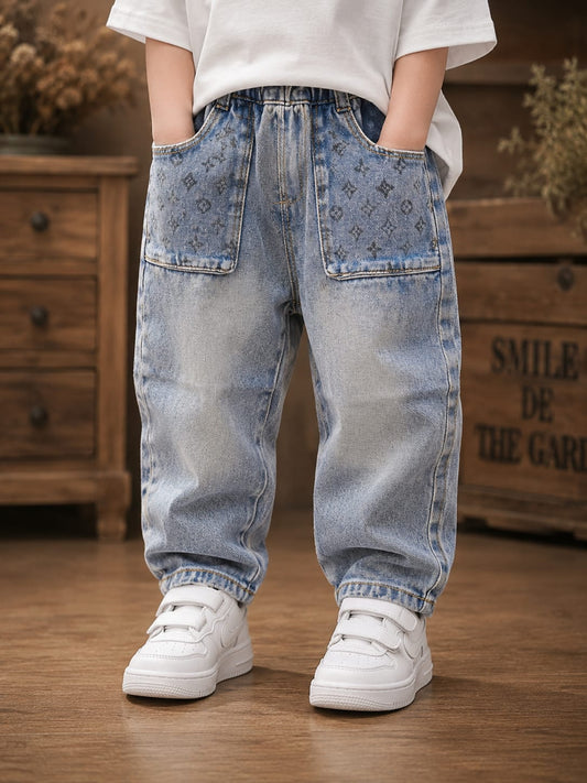 Kids Light Blue Denim Baggy Jeans with Front Utility Pockets & All-Over Print | 12 Months–3 Years
