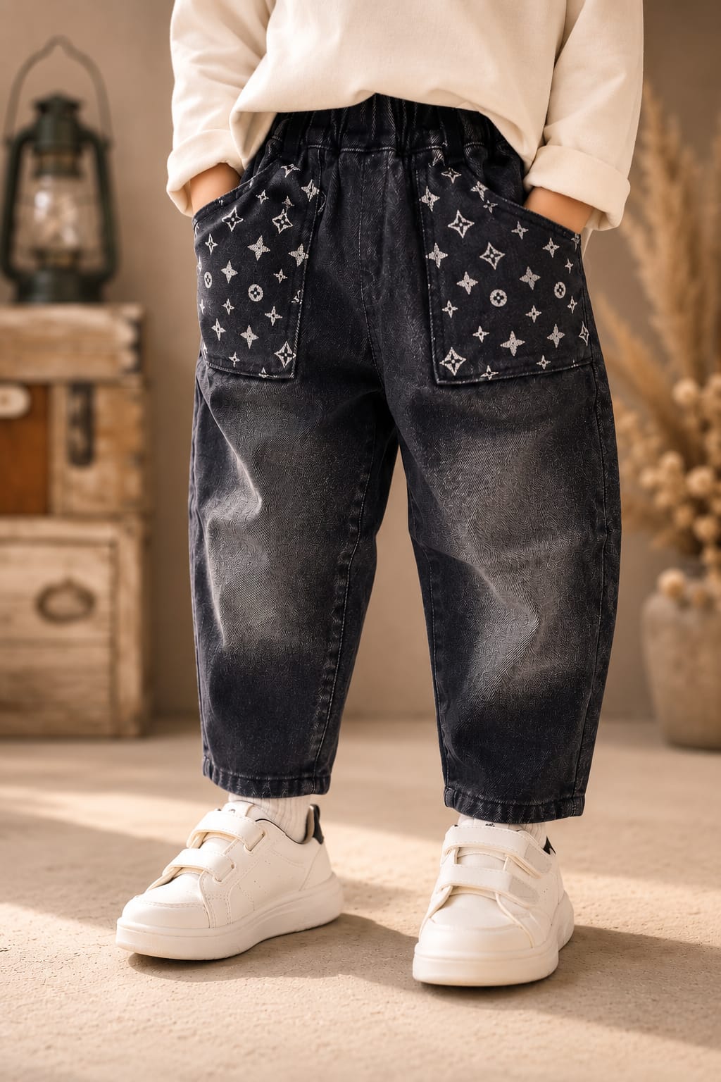 Kids Black Printed Baggy Jeans with Statement Utility Pockets | 6 Months–3 Years