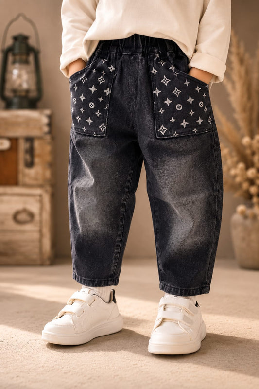 Kids Black Printed Baggy Jeans with Statement Utility Pockets | 6 Months–3 Years