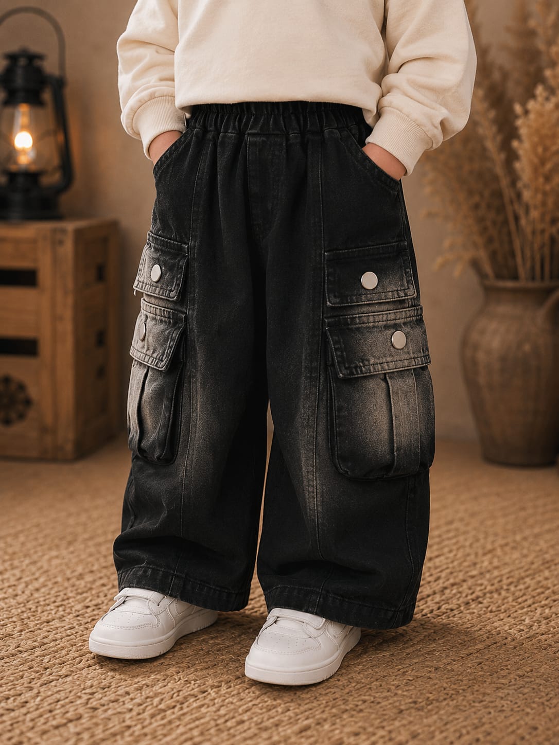 Kids Black Baggy Cargo Jeans with Multi Utility Pockets | 2–6 Years