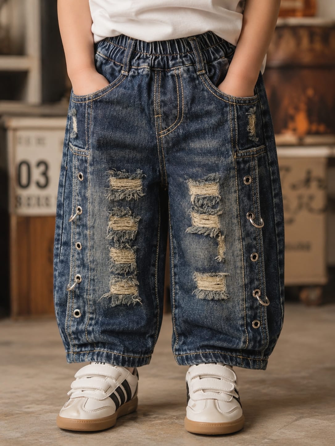 Vintage Distressed Baggy Jeans for Kids | Dark Blue | 2–6 Years