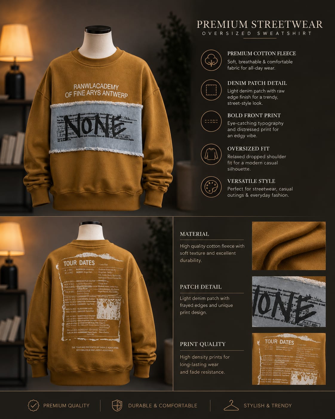Boys Mustard Denim Patchwork Winter Sweatshirt (6-11 Years)