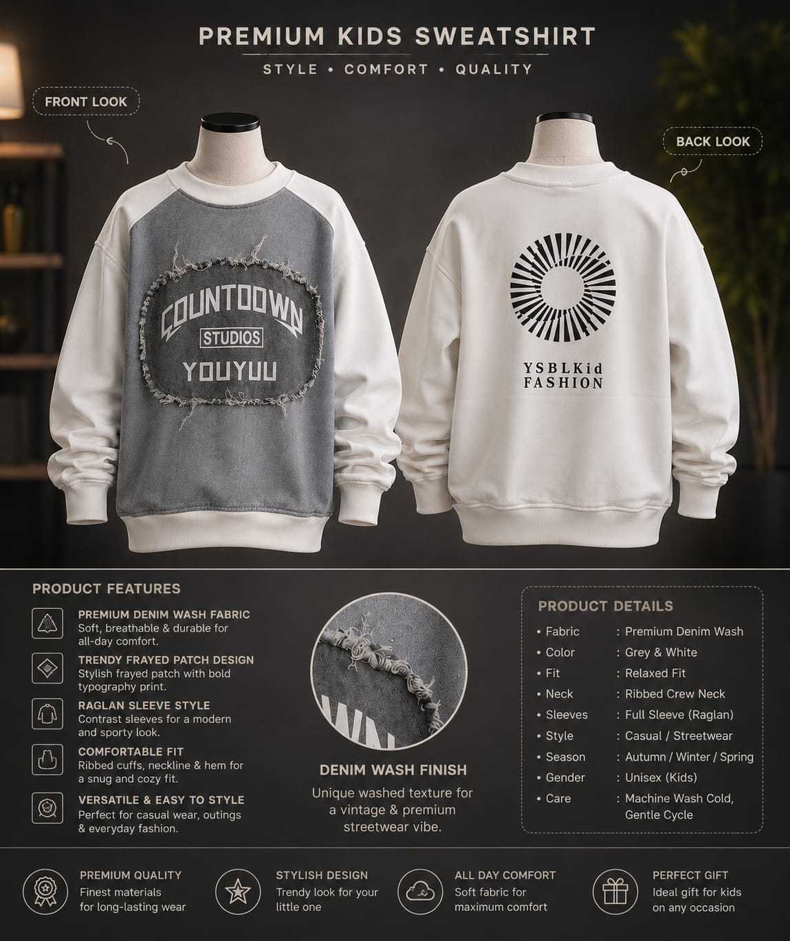Boys White & Grey Color Block Winter Sweatshirt – Casual Printed Full Sleeve Sweatshirt (6-11 Years)