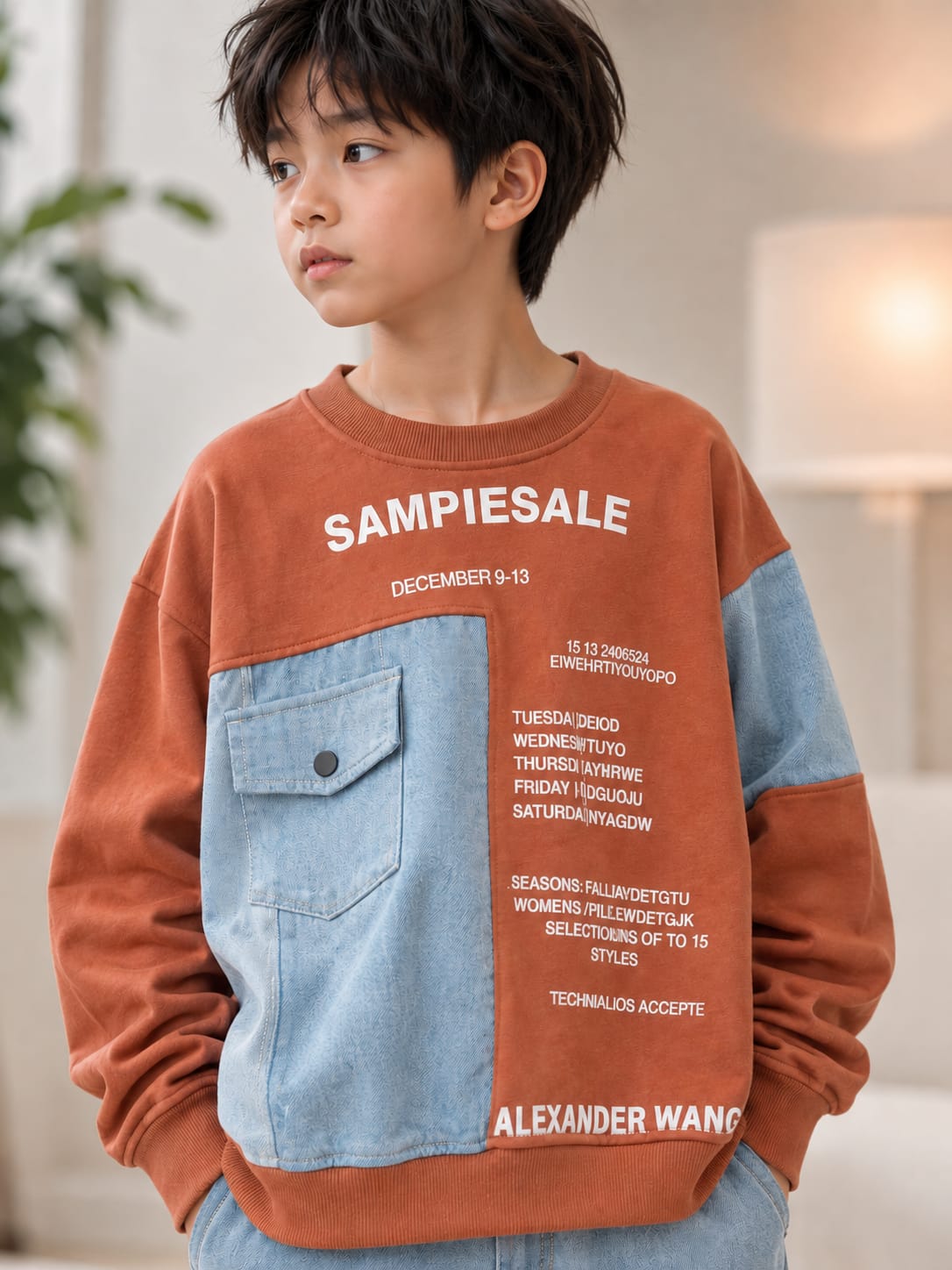 Boys Color Block Denim Patch Sweatshirt – Orange | 6-11 Years