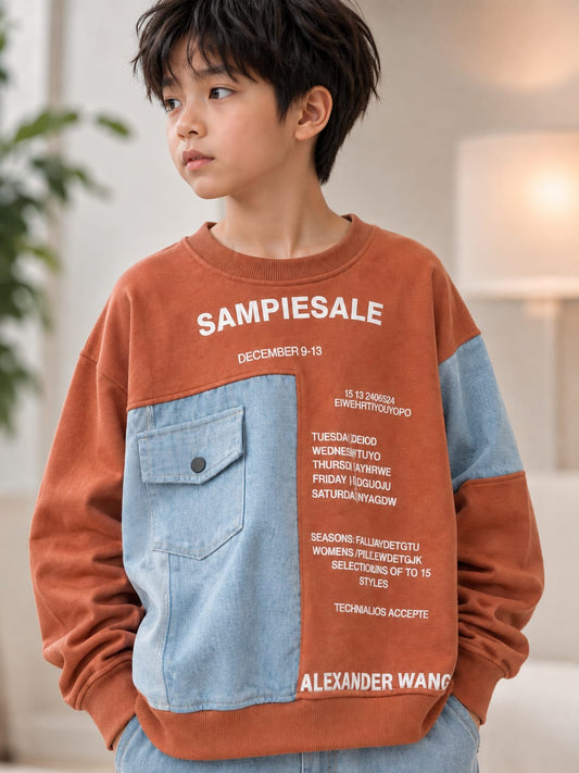 Boys Color Block Denim Patch Sweatshirt – Orange | 6-11 Years