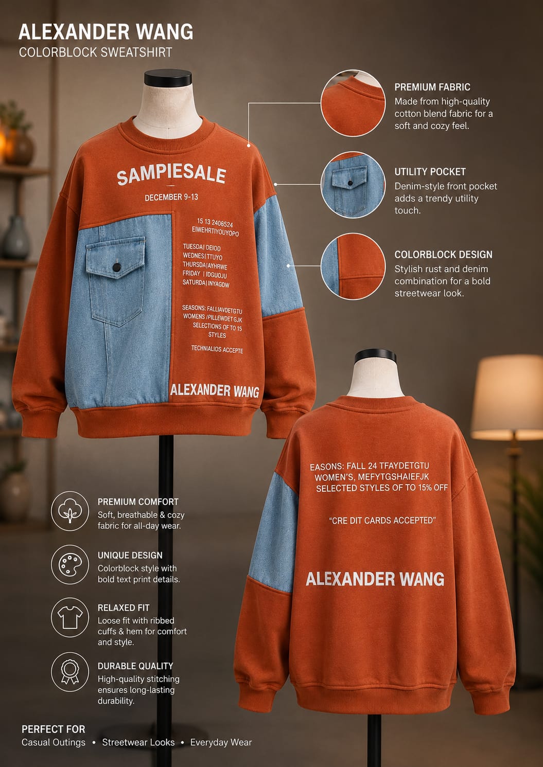 Boys Color Block Denim Patch Sweatshirt – Orange | 6-11 Years